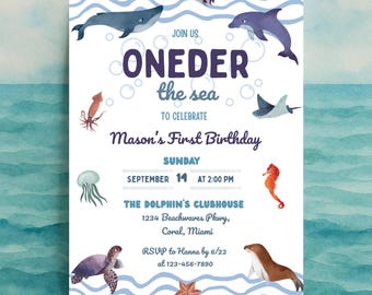 Plantilla de invitación de cumpleaños de Oneder the Sea, invitación para el primer cumpleaños bajo el mar, invitación para el primer cumpleaños del océano, descarga digital editable