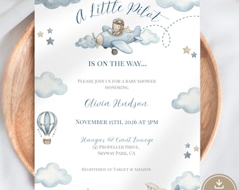 Airplane Baby Shower Invitation Template, Adventure Baby Shower Invitation, Airplane Invite, Editable Travel Theme Canva
