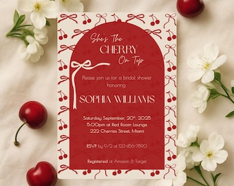 Editable Bridal Shower Invitation Template, She's the Cherry on Top Bridal Shower Invite, Retro Cherry Theme,Digital Download,Canva Template