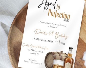 Aged to Perfection Whisky Birthday Invitation, Whiskey Birthday Invite, 60th Birthday Invite, Milestone Birthday Editable Template