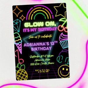 Neon Glow Party Invitation, Glow in the Dark Birthday Invite, Editable Template, 13th Birthday, Kids Glow Party Theme, Digital Invite
