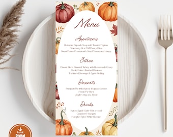 Modello di menu per la cena del Ringraziamento, menu autunnale, modello di menu per il Ringraziamento con zucca, menu per la cena, download stampabile