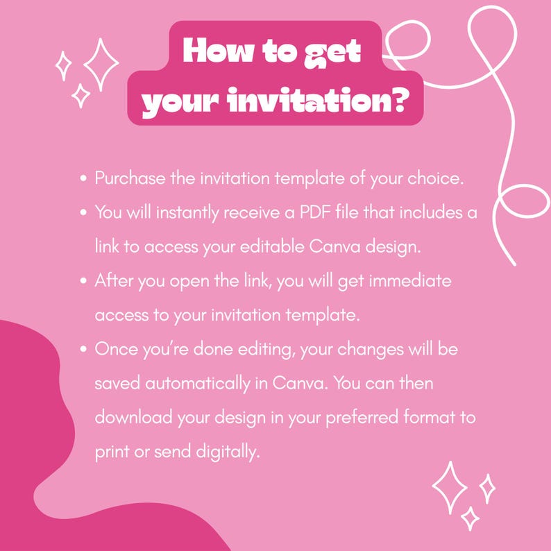 May include: Pink graphic with the text "How to get your invitation?" in white. Instructions are listed below the title, including purchasing a template, receiving a PDF, accessing the design, editing, and downloading.