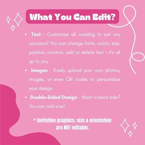 May include: A pink graphic with the text "What You Can Edit?" in white. The text describes the ability to customize wording, images, and add a double-sided design. Invitation graphics, size, and orientation are not editable.