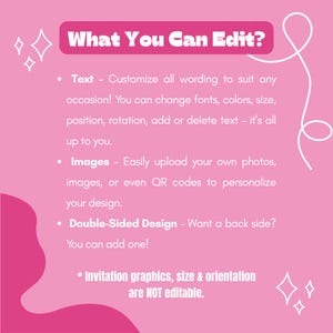 May include: A pink graphic with the text "What You Can Edit?" in white. The text describes the ability to customize wording, images, and add a double-sided design. Invitation graphics, size, and orientation are not editable.