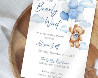 Invitación con globos y ositos de peluche para baby shower "We Can Bearly Wait", baby shower para niño, plantilla editable de Canva con temática de ositos.