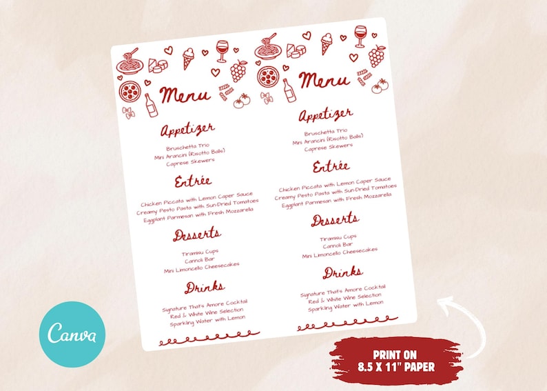 Italian Dinner Party Menu Template, Editable Dinner Menu, Pasta Dinner ...