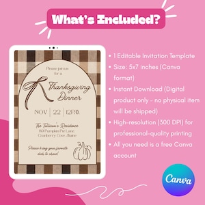 May include: Digital Thanksgiving dinner invitation template on a tablet. The invitation features a brown and beige plaid background with text that reads "Thanksgiving Dinner" and event details. Includes a Canva logo.