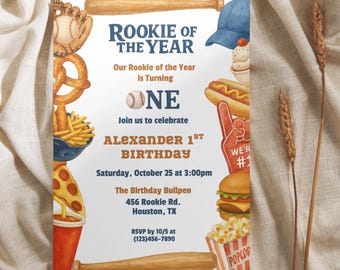 Rookie of the Year First Birthday Invitation, 1st Birthday Baseball Invite Template, Sports Birthday Invitation, Baseball Party Invitation