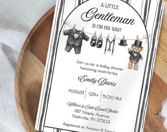 A Little Gentleman Baby Shower Invitation, Boy Baby Shower, Bow Tie Baby Shower Invite, Black and White Theme, Editable Canva Template