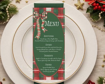 Christmas Menu Template, Holiday Menu, Plaid Dinner Menu Template, Red Green Holiday Dinner Menu, Dinner Party Menu, Party Printable