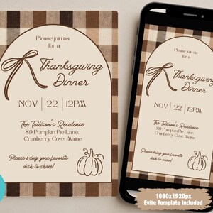 May include: Thanksgiving dinner invitation with a brown plaid background. The invitation includes the text "Thanksgiving Dinner" and event details. A smartphone displays the same invitation. The Canva logo is visible.
