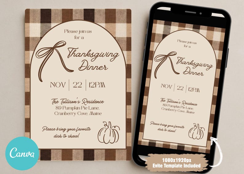 May include: Thanksgiving dinner invitation with a brown plaid background. The invitation includes the text "Thanksgiving Dinner" and event details. A smartphone displays the same invitation. The Canva logo is visible.