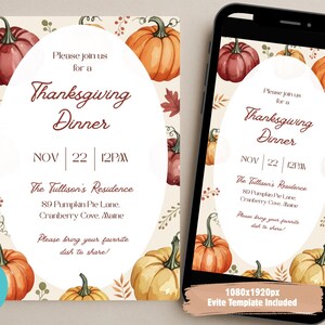 May include: Thanksgiving dinner invitation with watercolor pumpkins and fall foliage. The invitation includes the date, time, and location: November 22nd at 12 PM. The design is available as a digital Evite template.