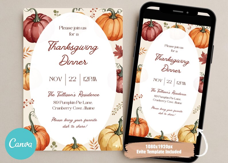 May include: Thanksgiving dinner invitation with watercolor pumpkins and fall foliage. The invitation includes the date, time, and location: November 22nd at 12 PM. The design is available as a digital Evite template.