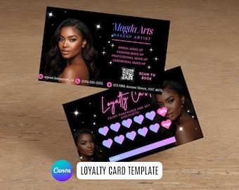 Tarjeta de presentación de fidelización de maquilladores, plantilla editable de Canva, producto digital imprimible