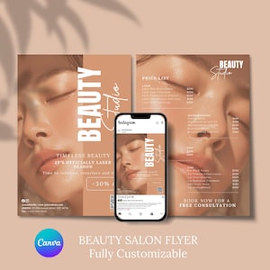 Beauty Kosmetikerin Canva Template Flyer, Menü Behandlungen, Preisliste Flyer, Printable und Social Media
