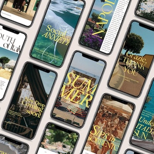 May include: A collection of smartphones displaying various social media story templates featuring travel photography, beach scenes, and text overlays in a serif font. The screens show images of Italy, coastal landscapes, and summer themes with gold-colored text.