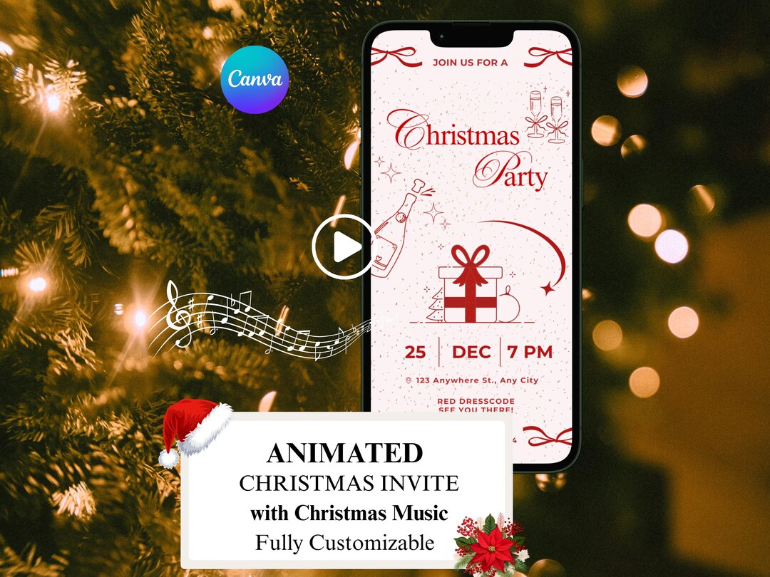 Pink Christmas Invite, Digital Invitation With Christmas Doodles