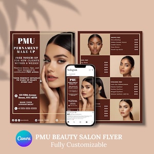 May include: A brown and beige PMU beauty salon flyer with a woman's portrait, a smartphone displaying the salon's Instagram page, and a price list. The flyer promotes permanent makeup services, including brows, lips, and eyeliner.
