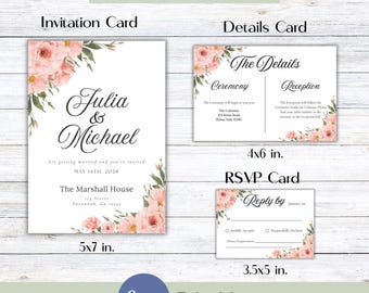 Blush Pink Floral Wedding Invitation Suite: Editable Canva Template (Digital Download