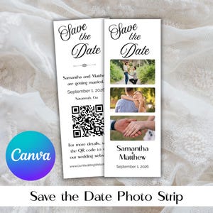 Fun Photo Strip Save the Date Template, easy to edit and customize on Canva, simple and minimalist