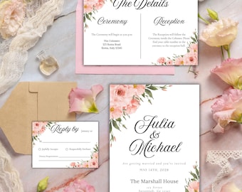 Blush Pink Floral Wedding Invitation Set: Editable Canva Template