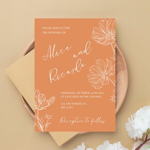 de Faire-part de mariage floral en terre cuite | Invitation modifiable bohème élégante | Orange brûlé d'automne | Dos inclus en option