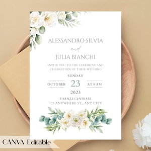 Sjabloon elegante witte bloemen huwelijksuitnodiging – Italiaans geïnspireerd, groene bruiloftsuitnodiging, afdrukbaar en bewerkbaar, modern minimalistisch ontwerp