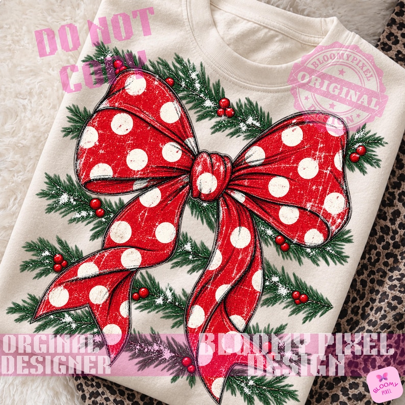 May include: A cream-colored crewneck sweatshirt featuring a large, distressed red bow with white polka dots. The bow is surrounded by green pine branches and small red berries, creating a festive holiday-themed graphic print on the front.