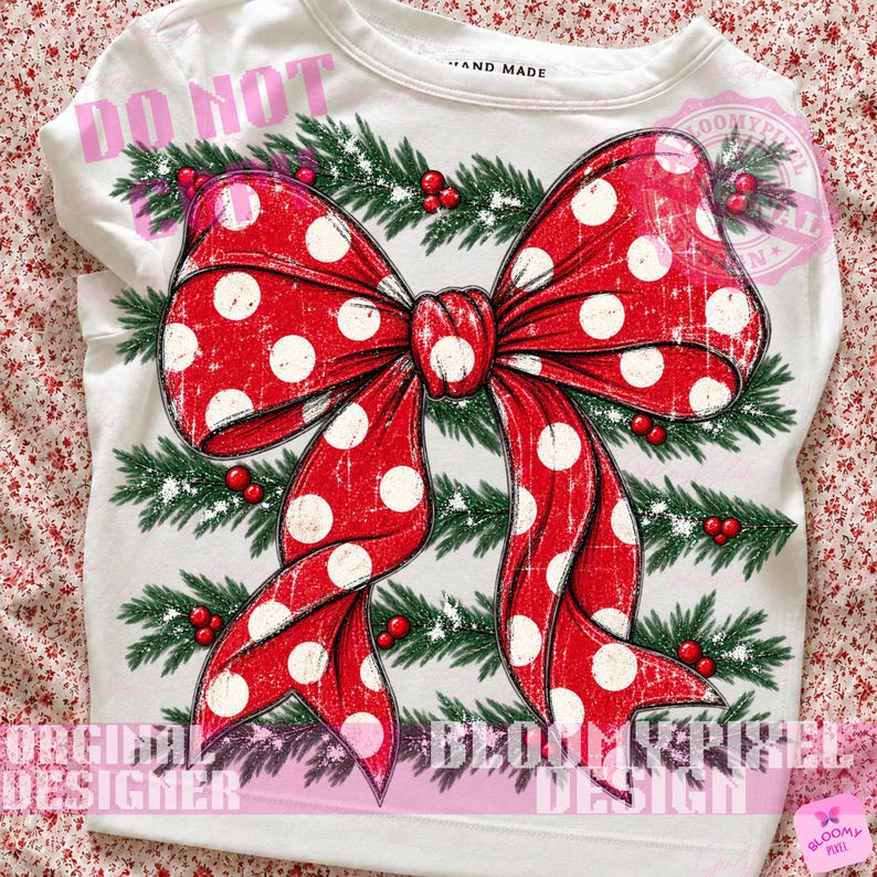 May include: A white long-sleeve shirt featuring a large red bow with white polka dots centered over a background of green pine branches with small red berries. The design has a distressed texture and the text HAND MADE is at the neckline.