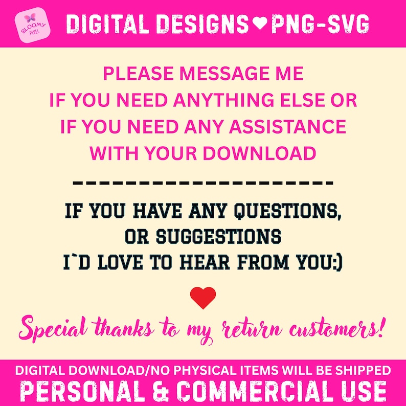 Może przedstawiać: Grafika projektu cyfrowego z tekstem w kolorze r&oacute;żowym i czarnym. Tekst zawiera "DIGITAL DESIGNS PNG-SVG", "PLEASE MESSAGE ME" i "PERSONAL & COMMERCIAL USE". Dołączone jest r&oacute;wnież r&oacute;żowe serce.