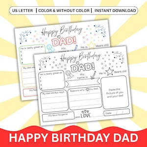 Puede incluir: Dos hojas de actividades imprimibles "Feliz Cumpleaños Papá". Las hojas tienen secciones para que el niño escriba sobre su padre. La parte superior de las hojas dice "Feliz Cumpleaños Papá!" e incluye gráficos de estrellas y confeti.
