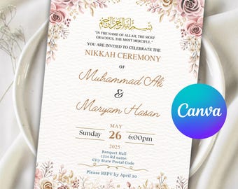 Editable Islamic Nikkah Invitation Card Template, Floral Muslim Wedding Reception Walima Invite, Elegant Muslim Nikkah Digital Download Card