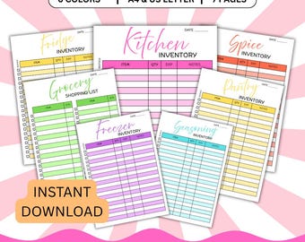 Kitchen Inventory Planner Printable/Inventory Checklist/Grocery Shopping List Organizer/Pantry, Freezer, Fridge, Spice, Seasonings Tracker