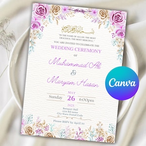 May include: Wedding invitation with floral accents in shades of purple, pink, and gold. The invitation includes the names Muhammad Ali and Maryam Hasan, along with the date, time, and location of the ceremony. The Canva logo is visible.