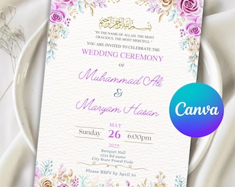 Editable Islamic Wedding Invitation Card Template, Floral Muslim Wedding Reception Walima Invite, Elegant Muslim Nikkah Digital Download