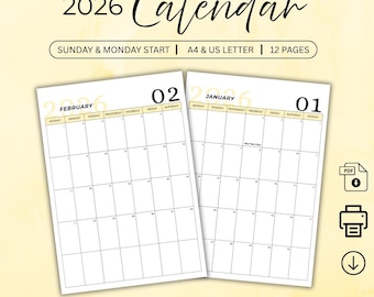2026 Minimalistischer Kalender: Druckbarer Monatsplaner, A4 & Letter (PDF Download)