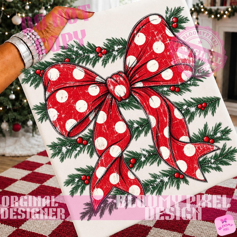 May include: A white canvas featuring a large red bow with white polka dots, layered over green pine branches and small red berries. The design has a distressed, textured appearance. The bow is centered, with long ribbons extending downwards.