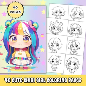 40 Cute Chibi Girls Coloring Pages-Bold and Easy/Kawaii Coloring Book/Digital Print /easy coloring pages/Chibi Coloring Pages/AI GENERATED