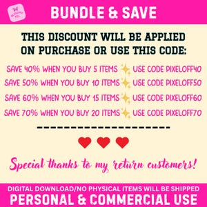 Może przedstawiać: R&oacute;żowa grafika z tekstem "BUNDLE & SAVE" i szczeg&oacute;łami rabat&oacute;w. Zawiera oszczędności do 70% przy zakupie wielu przedmiot&oacute;w. Obraz zawiera r&oacute;wnież tekst "Special thanks to my return customers!" i "PERSONAL & COMMERCIAL USE."