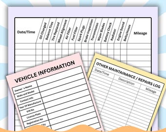 May include: Vehicle maintenance log with sections for vehicle information, maintenance records, and mileage tracking. Includes a large chart for recording service dates and details. The text "VEHICLE MAINTENANCE" is at the bottom.