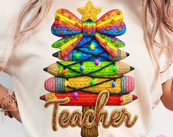 Christmas Teacher Pencil Tree PNG, Faux Yarn Crochet (Digital Download)