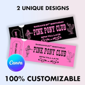 Pink Pony Club Ticket Invitation for Birthday Party, Custom Decor, Fun Gift, Canva Template, Club Invite