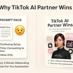 Può includere: Una pubblicità per "TikTok AI Partner Wins" presenta una scatola bianca con l'immagine di una donna e il testo "Your AI-Powered Shortcut to Going Viral". Il lato sinistro mostra un "Prompt Pack" con un'emoji triste e punti negativi. Il lato destro evidenzia le caratteristiche positive.
