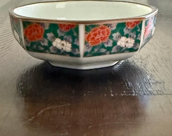 Vintage Japanese Shozan Kiln Mino Ware Octagonal Floral Bowl Kutani Style