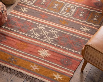 Southwestern Wool Area Rug, Kilim Flatweave Patterned Rug, Terracotta Orange & Mustard Boho Carpet, Rustic Earthy Home Decor, Custom Sizes