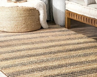 Alfombras de yute de cáñamo natural con rayas negras - Alfombras grandes de yute de cáñamo - Alfombra boho de yute natural, Alfombra a rayas, Alfombra boho, Alfombra a medida