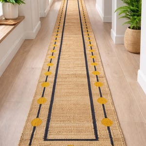 Tappeto per scale in juta giallo a pois, 2 x 22 piedi, tappeto in juta fatto a mano, tappeto per esterni, tappeto per corridoio, tappeto in juta con linea nera, tappeto lungo in juta