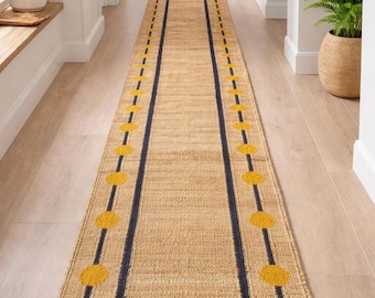 2 x 22 Ft Yellow Dote Stair Jute Runner, Handmade Jute Runner, Indoor Runner, Hallway Runner Rug, Black Line Jute Runner, Long Jute Runner